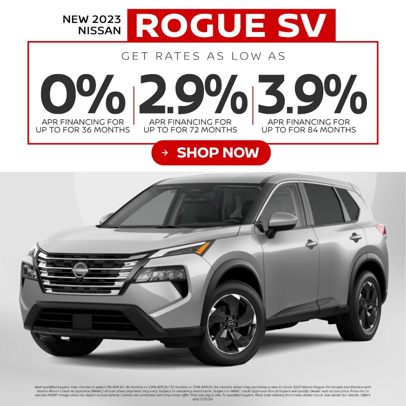 2023 Nissan Rogue SV as low as 0% for 36 mo.